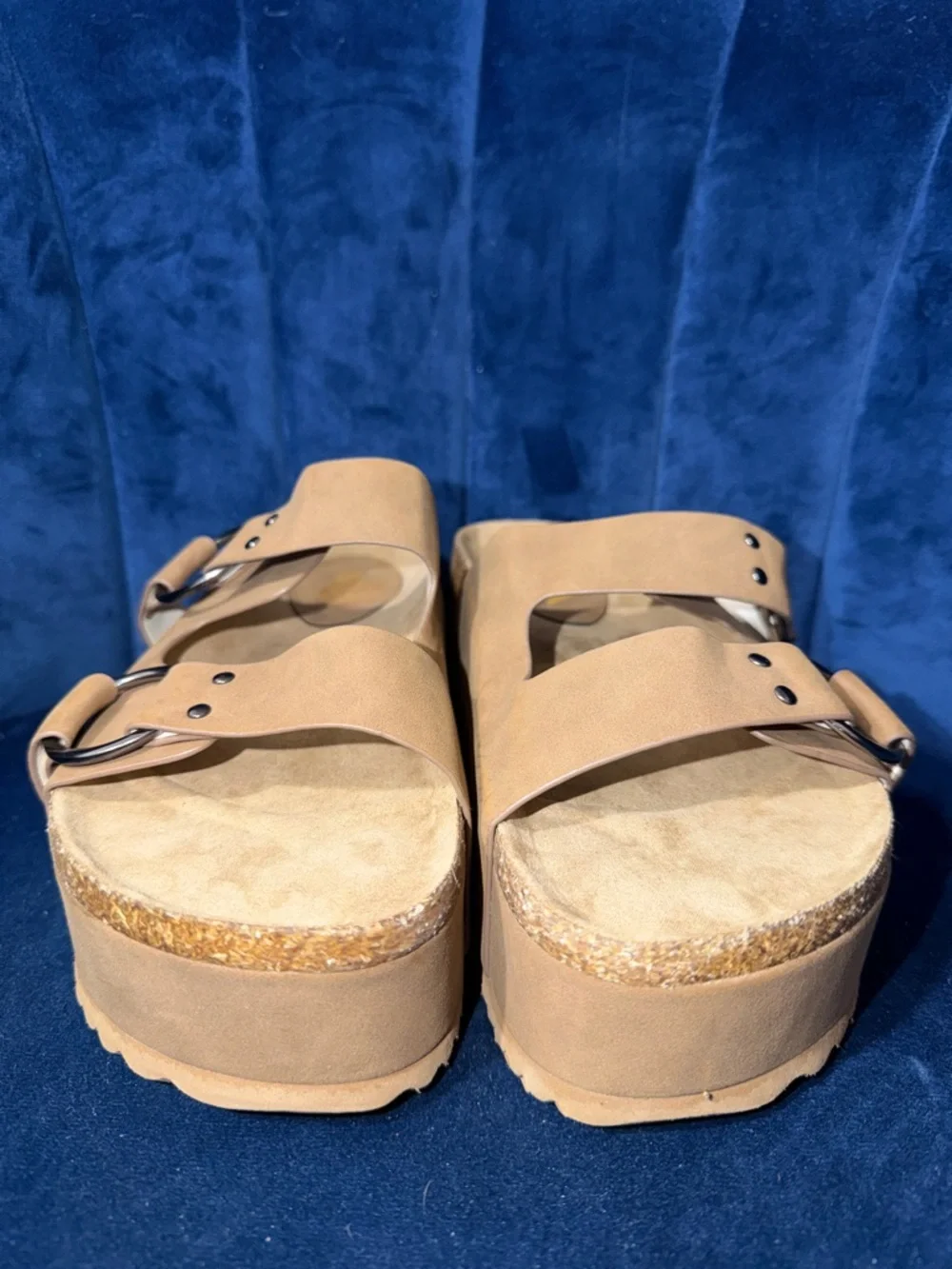 MIA Tan Platform Slide Sandals with Silver Ring Buckles - Picture 2 of 6